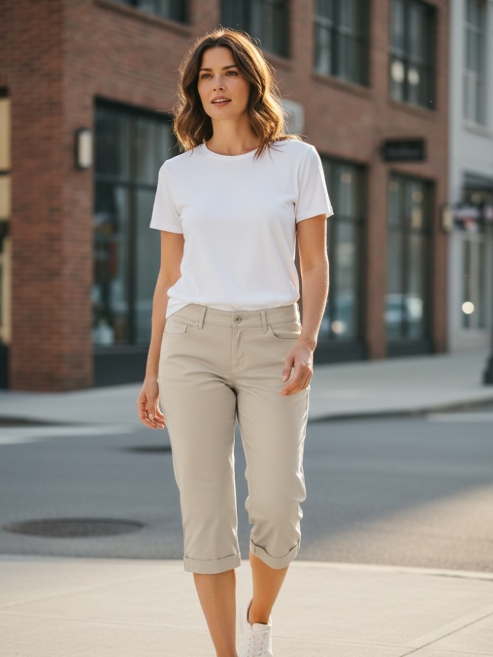 Worthington stretch Capri Cotton Blend  Ivory Cuffed, Size 6